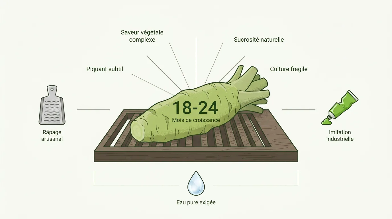 Infographie comparant le véritable Hon Wasabi japonais et l'imitation industrielle à base de raifort