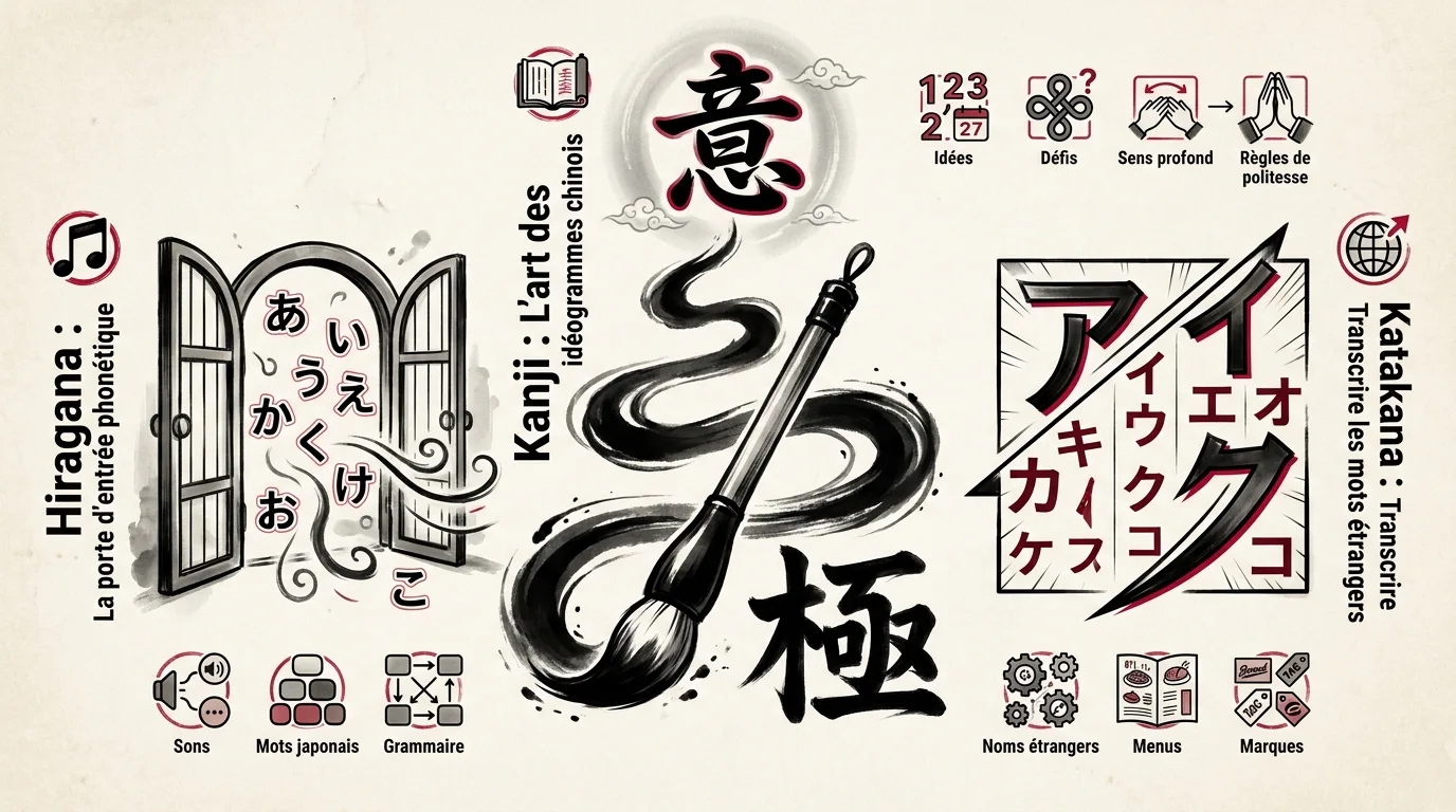 Tableau comparatif des écritures japonaises Hiragana Katakana et Kanji