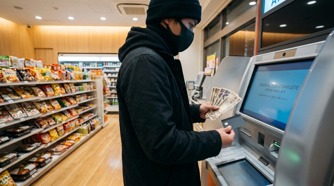Comment gérer votre change de yens au Japon sans frais Une personne masquée retire des yens à un distributeur automatique dans un konbini japonais, carte à la main.