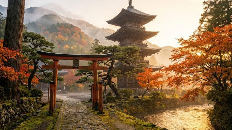 Pagode japonaise et torii rouge emblématique en automne. Un chemin mène à travers des arbres flamboyants vers un paysage brumeux.