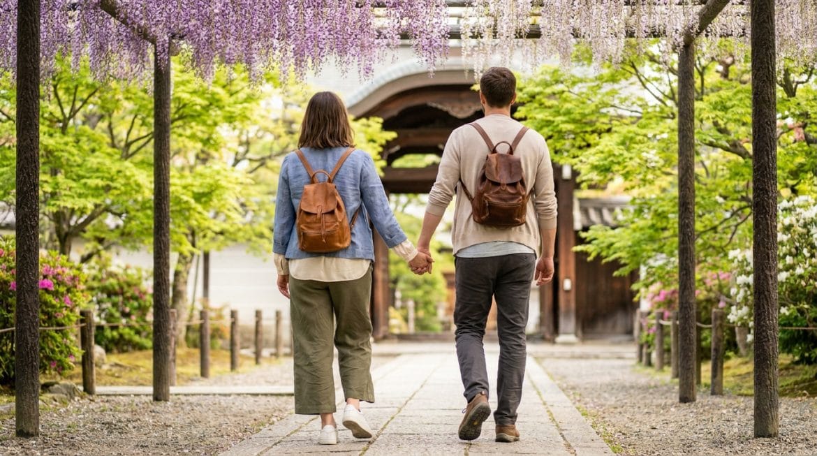 Comment s’habiller pour voyager au Japon au mois de mai ? Vue arrière d'un couple se tenant la main, marchant sous une pergola de glycines au Japon. Ils portent des sacs à dos. Arbres verts et architecture japonaise en arrière-plan.