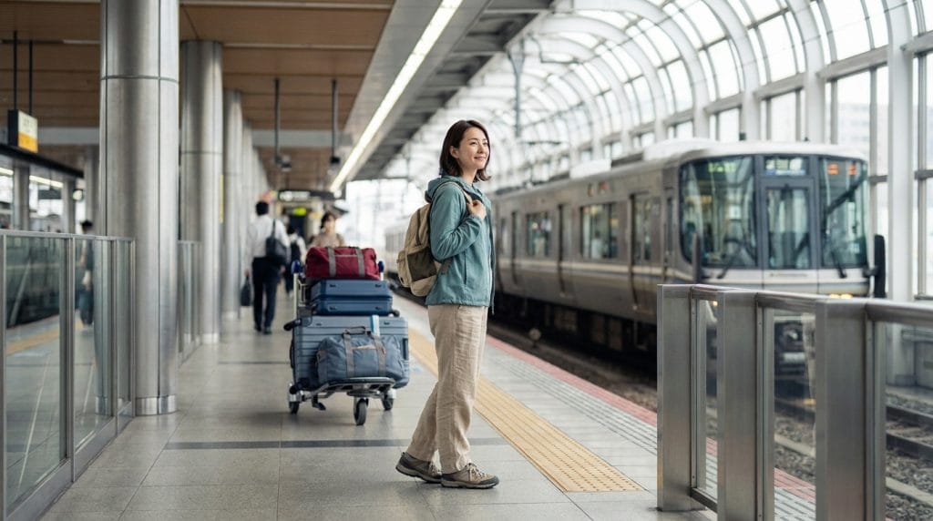 Jeune femme souriante sur un quai de gare japonais avec un chariot de bagages et un train en arrière-plan.