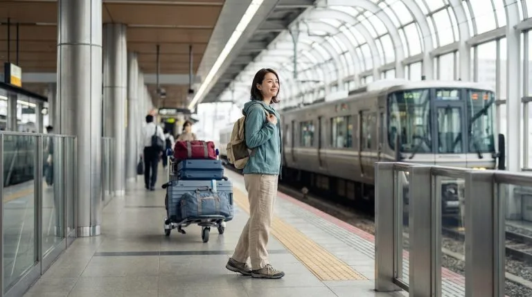 Jeune femme souriante sur un quai de gare japonais avec un chariot de bagages et un train en arrière-plan.