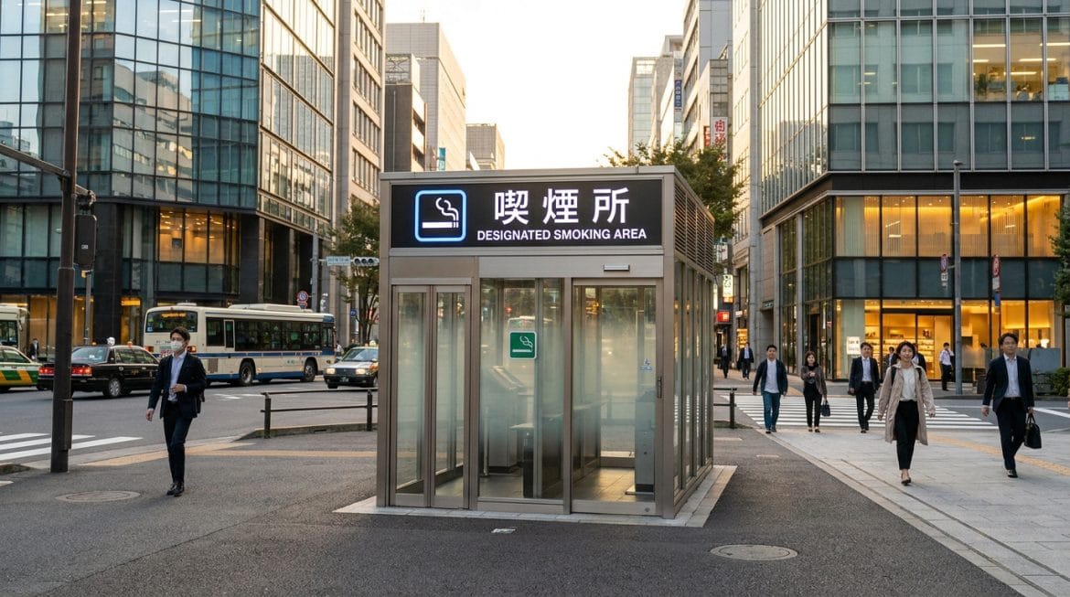 Une cabine de zone fumeur désignée avec des panneaux japonais et anglais au milieu d'une rue urbaine animée du Japon.