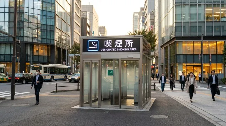 Peut-on fumer dans la rue au Japon ? Une cabine de zone fumeur désignée avec des panneaux japonais et anglais au milieu d'une rue urbaine animée du Japon.